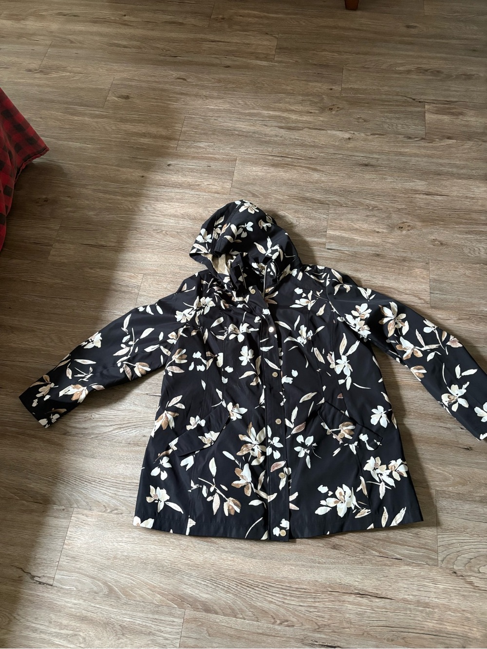 Women's Hooded Floral Trench Coat - Black with Cream & Tan Flowers